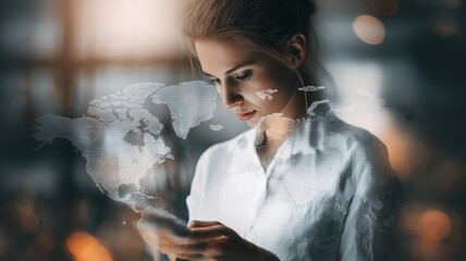 Woman white shirt is focused her smartphone, with digital world map overlay symbolizing global connectivity and fintech innovation. scene conveys sense of modern technology and cross border