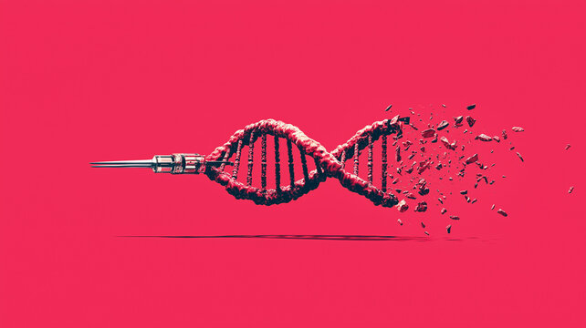 DNA strand is depicted as being altered by syringe, symbolizing gene editing and its impact on genetics. vibrant red background emphasizes concept urgency and potential ethical implications