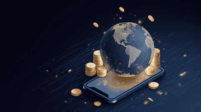 Digital globe with glowing continents hovers above smartphone, surrounded by floating coins, symbolizing global digital finance and cross border payments