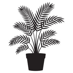 A simple black silhouette of a potted areca palm plant with delicate fronds against a clean white background