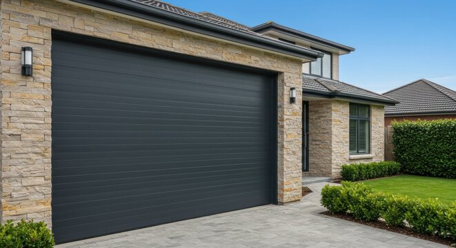 Fototapeta Modern home exterior featuring a gray garage door, textured stone accents, manicured lawn, and a glimpse of a second-story window against a clear blue sky