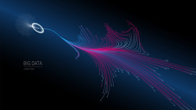Big data visualization flow with neon red and blue lines. Concept of information streams, analytics pipeline, machine learning input, data science processing, AI logic.