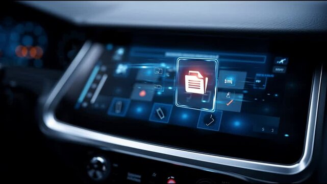 Digital interface touchscreen car dashboard technology futuristic blue light control panel modern innovation display glowing virtual folder icon data management electronic document system holographic