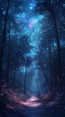 Fototapeta premium Walking Path Through Dark Forest with Magical Starry Night Sky