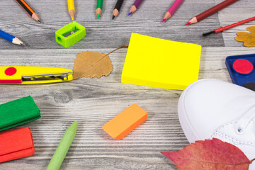 Colorful school supplies and accessories for learning. Development of creativity and back to school