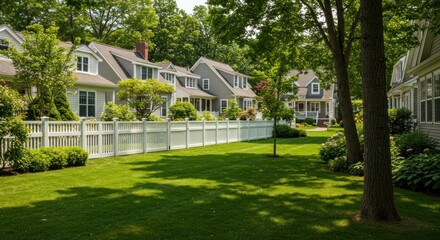 A row of suburban homes with manicured lawns, white picket fences, lush trees, and green foliage under a sunny sky