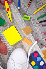 Colorful school supplies and accessories for learning. Development of creativity and back to school