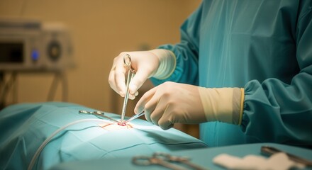 A surgeon in blue scrubs performs a precise surgical procedure using medical instruments in a sterile operating room environment.