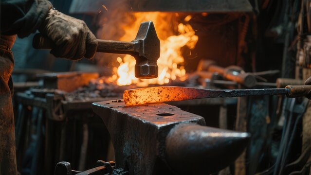 A blacksmith in a workshop hammers a glowing hot metal piece on an anvil with fire blazing in the background. - Powered by Adobe