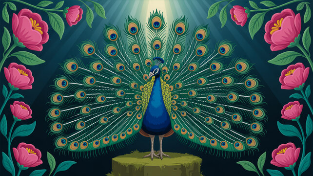 Peacock with fully spread feathers, highly detailed vector artwork, royal color scheme.