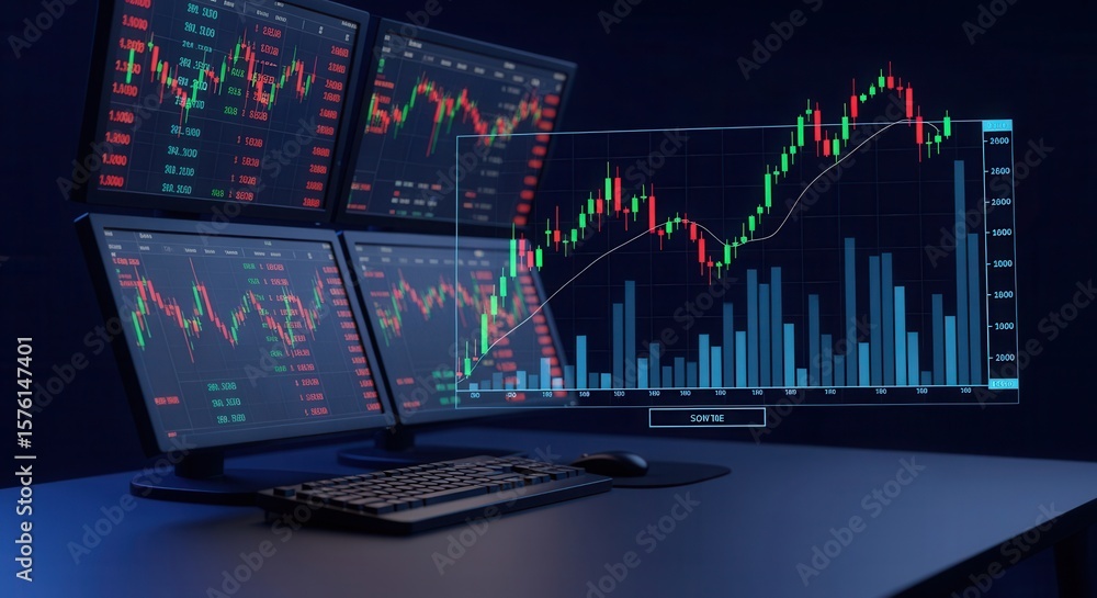 Poster a trading desk setup with multiple screens displaying stock market charts and graphs, showing real-t