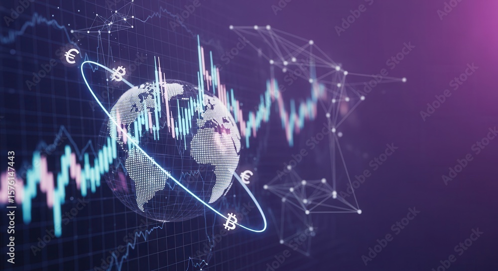 Poster digital globe surrounded by cryptocurrency symbols and stock market graphs representing global finan