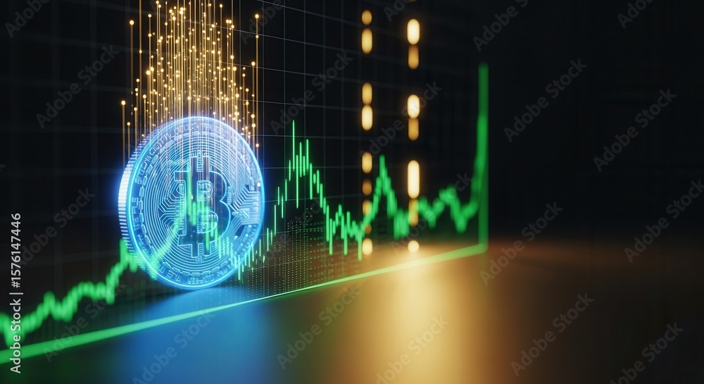 Poster digital illustration of a glowing bitcoin symbol with ascending green financial graphs and data poin