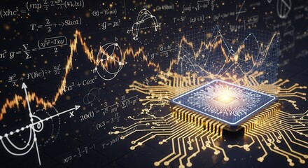 A glowing microchip emits light, surrounded by mathematical formulas and graphs, symbolizing the fusion of technology and scientific computation.