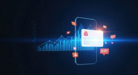 A digital smartphone screen displays alert notifications with a glowing bar and line graph in the background, symbolizing data monitoring and real-time warnings.