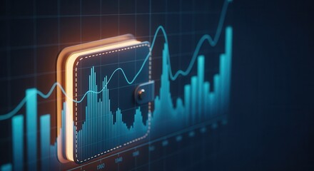 A digital wallet icon is overlaid with fluctuating financial charts and graphs, symbolizing cryptocurrency and digital finance trends.