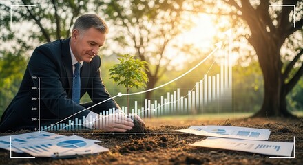 A businessman plants a small tree outdoors symbolizing growth, while transparent financial graphs float above showing upward trends.