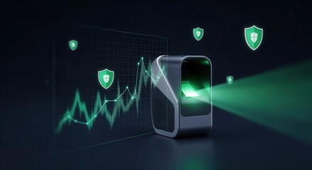 A biometric fingerprint scanner projects data with security shield icons and a graph, symbolizing secure digital identity and authentication technology.