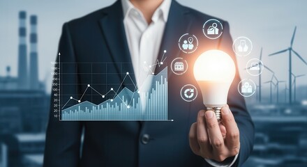 A businessman in a suit holds a glowing light bulb with digital icons and graphs, symbolizing innovation, technology, and sustainable energy solutions.