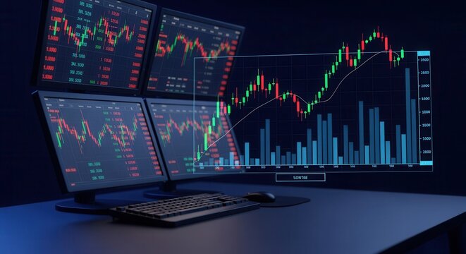 A trading desk setup with multiple screens displaying stock market charts and graphs, showing real-time financial data and market trends.
