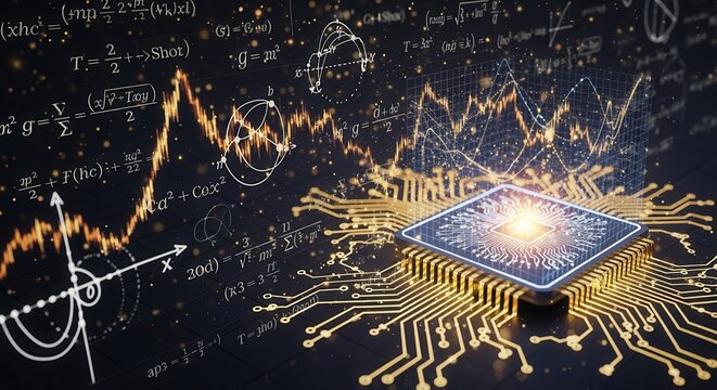 A glowing microchip emits light, surrounded by mathematical formulas and graphs, symbolizing the fusion of technology and scientific computation.