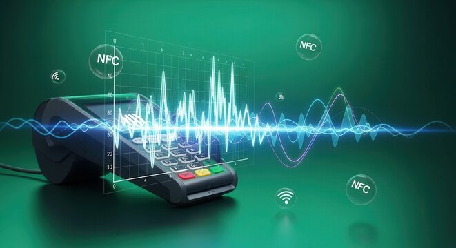A payment terminal with digital graphs and NFC icons illustrates wireless transaction technology and data analytics in a futuristic style.