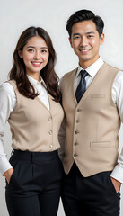 “Business Colleagues Wearing Beige Vests and White Shirts Standing Together in Coordinated Professional Attire”