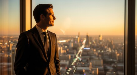 Naklejka na ściany i meble A businessman in a suit gazes thoughtfully out a window at a city skyline during golden hour, with blurred lights creating a bokeh effect.