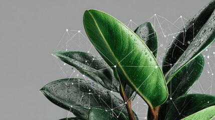 Botanical Close-Up of Green Rubber Plant Leaves with Abstract Digital Network Overlay on Gray Background Representing Nature Technology