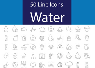 Vector illustration. Water icon set. Editable stroke.  Containing Drop Water, Mineral Water, Shower, Plastic Bottle, water drops, water sources, protection, water filtration, Glass, and more. 