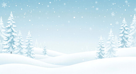 Serene winter landscape featuring snow-covered hills and graceful pine trees under a gentle snowfall creating a tranquil scene.