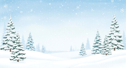 Winter wonderland scene with snowy pine trees and gentle snowfall creates a serene and festive atmosphere.