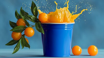 Blue cup with orange fruit in it and a splash of orange juice. The cup is on a table with a blue background - Powered by Adobe