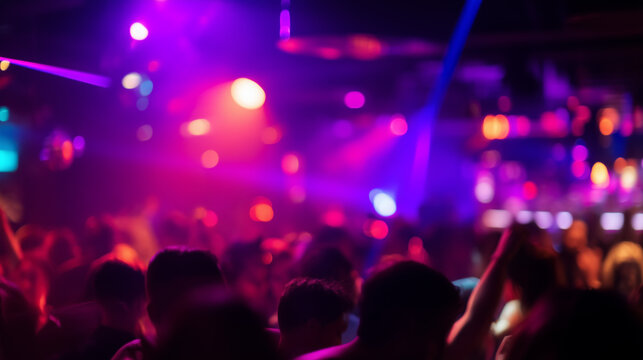 Crowded nightclub scene with vibrant neon lights in purple and pink hues, blurred dancing crowd and party atmosphere, perfect for nightlife, club event, or music promotion visuals