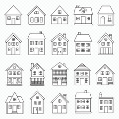collection of house lineart vector designs featuring bungalow, townhouse, chalet, farmhouse, condo blueprint sketches