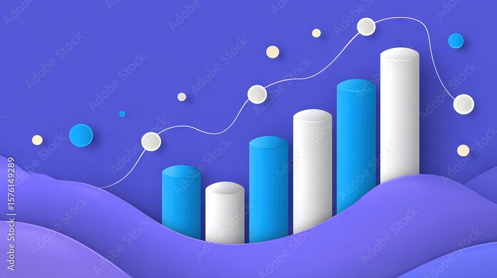 Aufkleber abstract data visualization illustration featuring blue and white 3d bar graph with line chart on a 