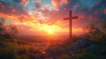 Serene Cross at Sunset Overlooking Vibrant Sky and Landscape