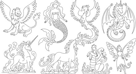 Enchanting Mythical Creatures Fantasy World Line Art Collection