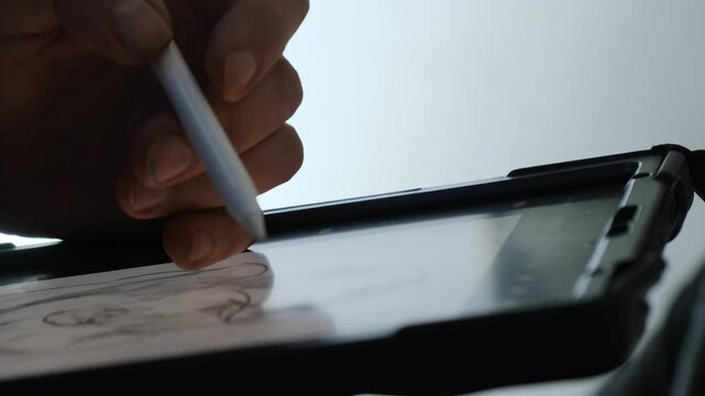 Artist holds white stylus on digital tablet screen drawing mannequin. Tablet displays faint sketch on surface while person makes shades