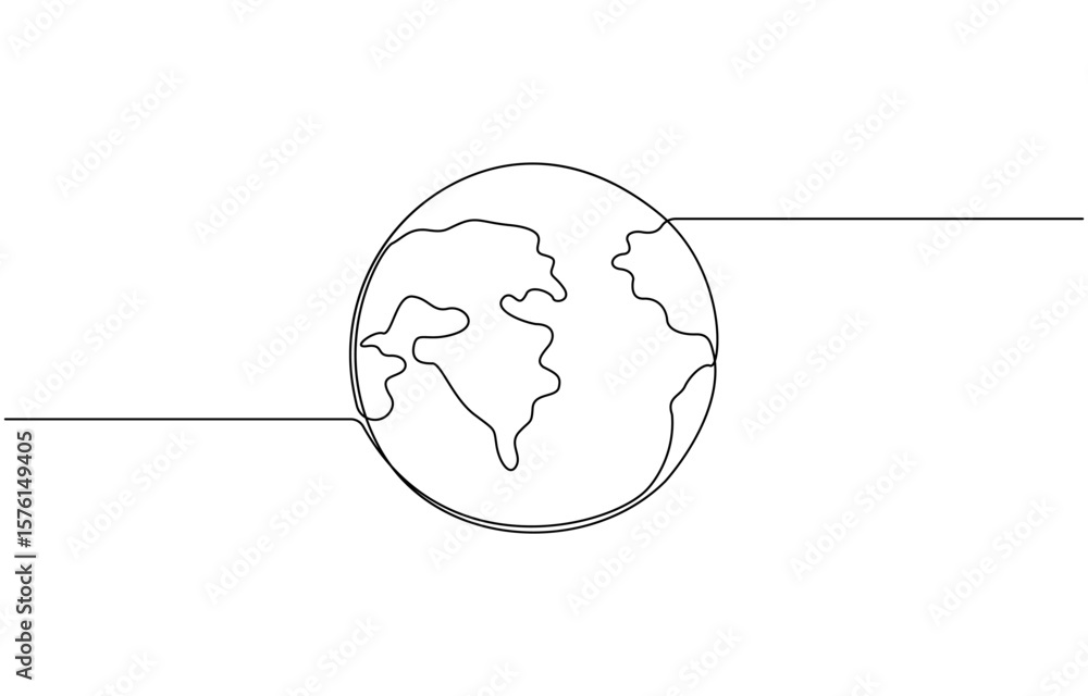 Fototapete continuous one line art drawing of earth planet, globe, geography vector outline, world map with cur