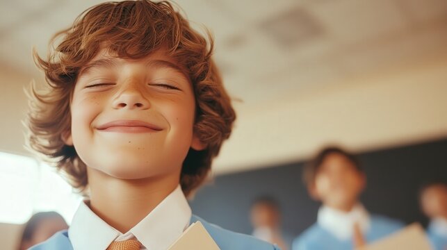 A smiling boy with closed eyes enjoys a peaceful moment in a classroom setting.