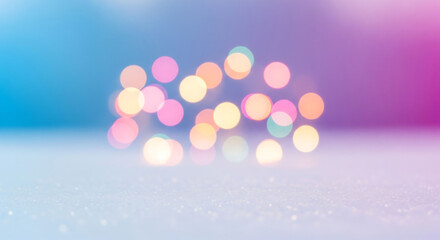 A soft pastel bokeh lights background featuring blurred circles of light with a dreamy and festive vibe against delicate shades of pink, blue and purple colors creating a magical atmosphere.