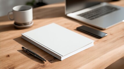 Minimal modern workspace with closed blank notebook, pen, smartphone and laptop on wooden desk under soft morning light perfect for productivity visuals and clean branding concepts