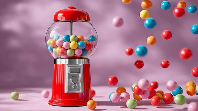 Red gumball machine with a bunch of colorful gumballs flying out of it. The scene is playful and fun, with the gumballs scattered all over the area