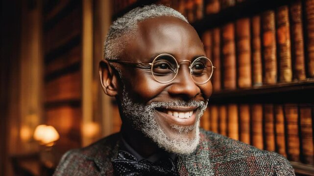 Elegant African American senior man in tweed suit and glasses in a classic library
