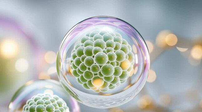 3D Transparent Floating Green Capsules, Ball, Sphere, Bubbles , Exosomes, Ceramides, Peptides, Antioxidants, Liposomes, and Botanical Extracts on Skin-Like Surface, Anti-Aging Skincare, Collagen.