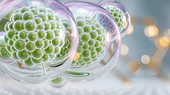 3D Transparent Floating Green Capsules with Exosomes, Ceramides, Peptides, Antioxidants, Liposomes, and Botanical Extracts on Skin-Like Surface, Advanced Anti-Aging Skincare with Collagen Boosting.