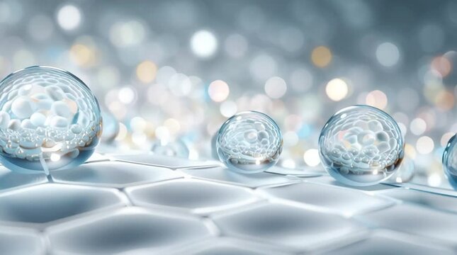 Floating White and Silver Nano Spheres Above Hexagonal Skin Surface, Featuring Hyaluronic Acid, Mineral Complexes, Oxygenation, Advanced Skincare Encapsulation, Hydration and Skin Protection.