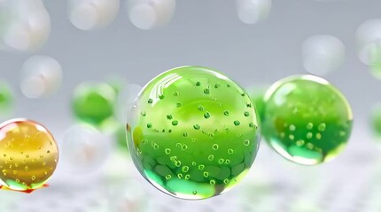 3D Rendered Animation of Green and Yellow Nano Spheres with Water Droplets Representing Plant Exosomes, Encapsulation, Plant-based Botanical Hydration Technology, Modern Bioactive Skincare.