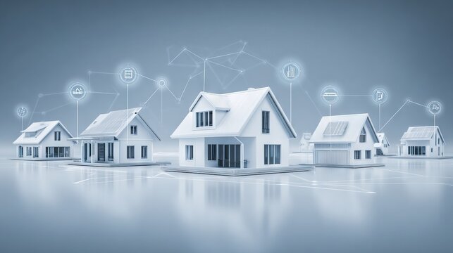 Futuristic Connected Smart Home Network Concept with Multiple Modern Houses Linked by Digital Lines for Energy Management